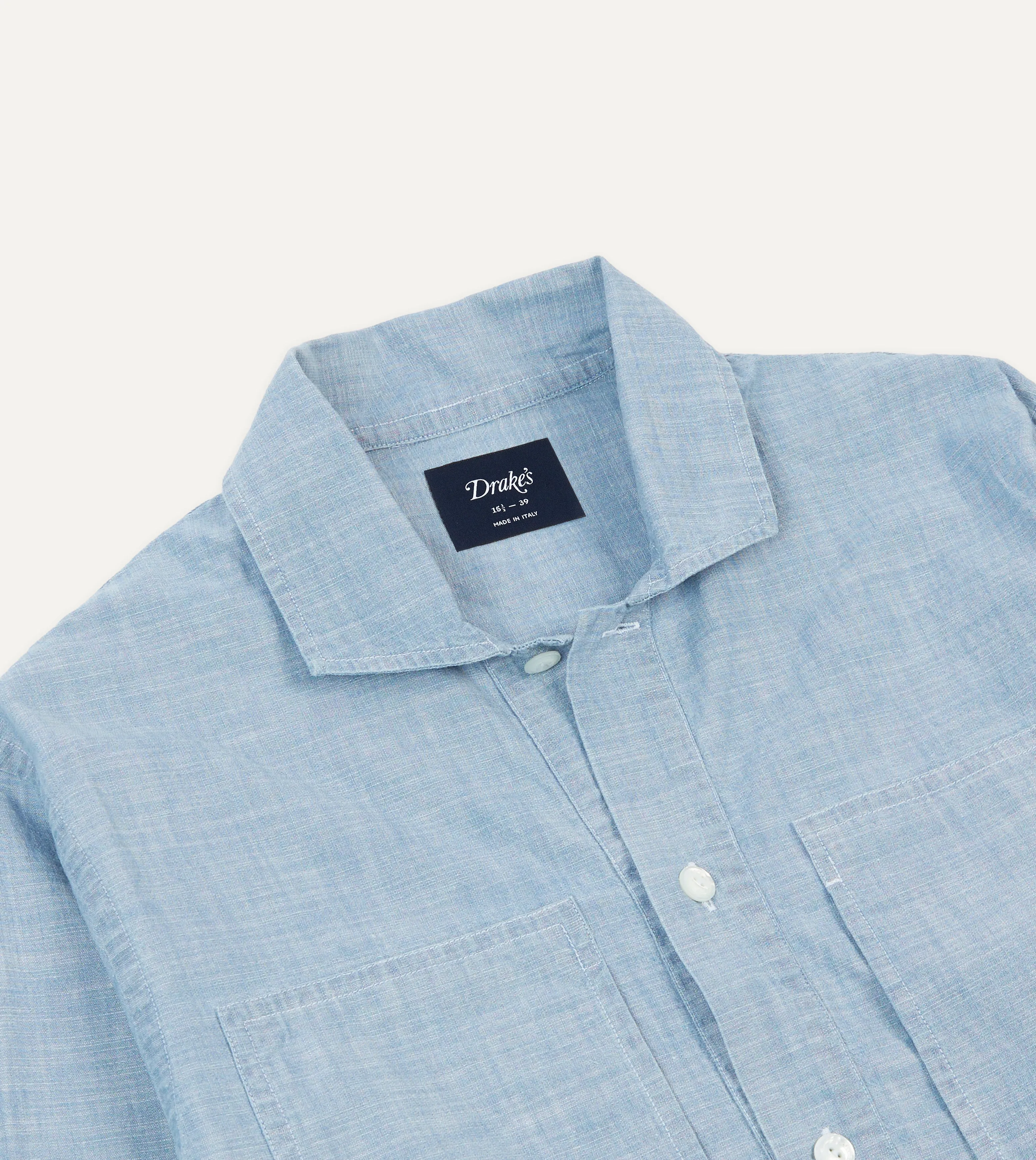 Blue Cotton Chambray Spread Collar Popover Shirt