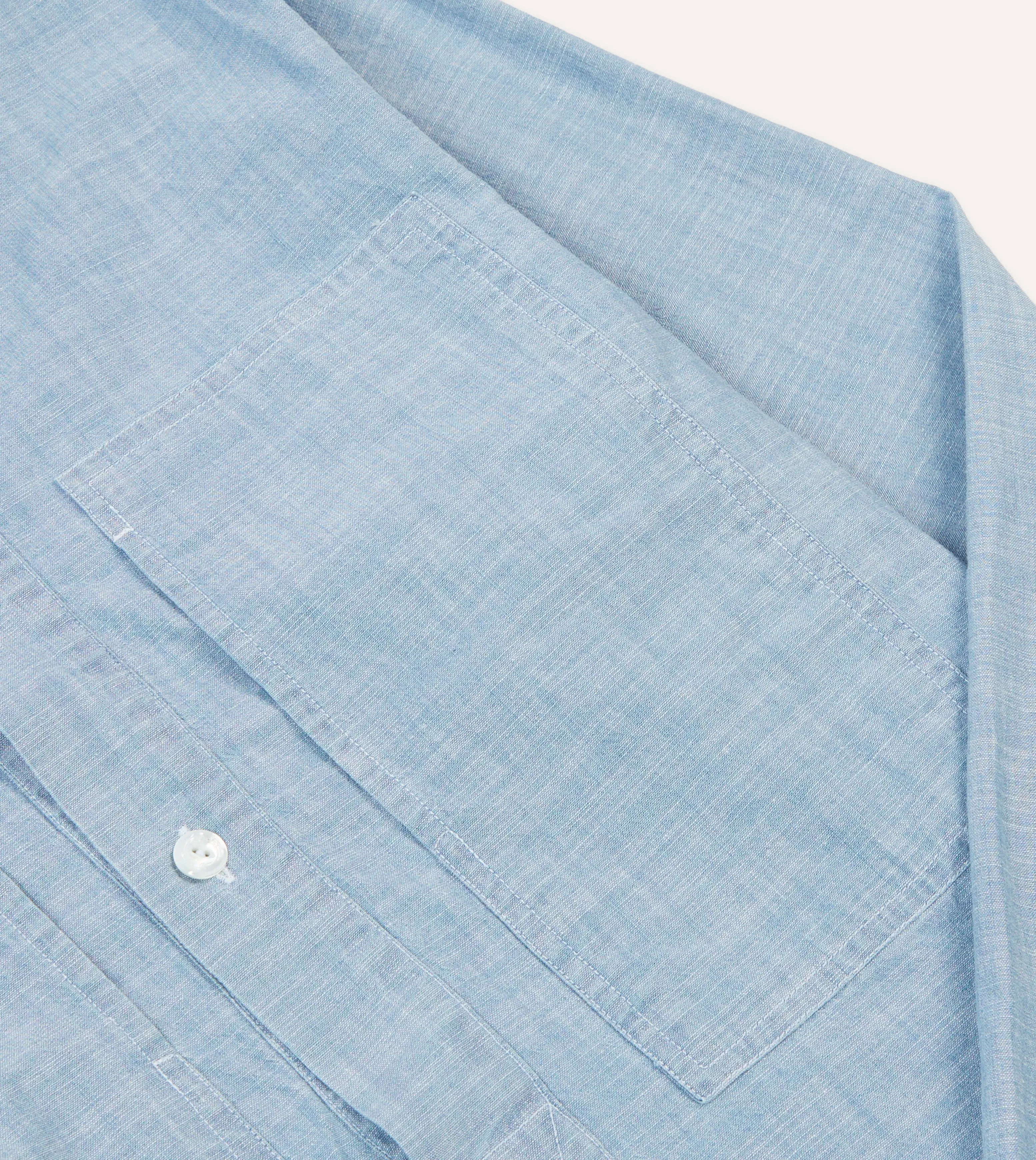 Blue Cotton Chambray Spread Collar Popover Shirt