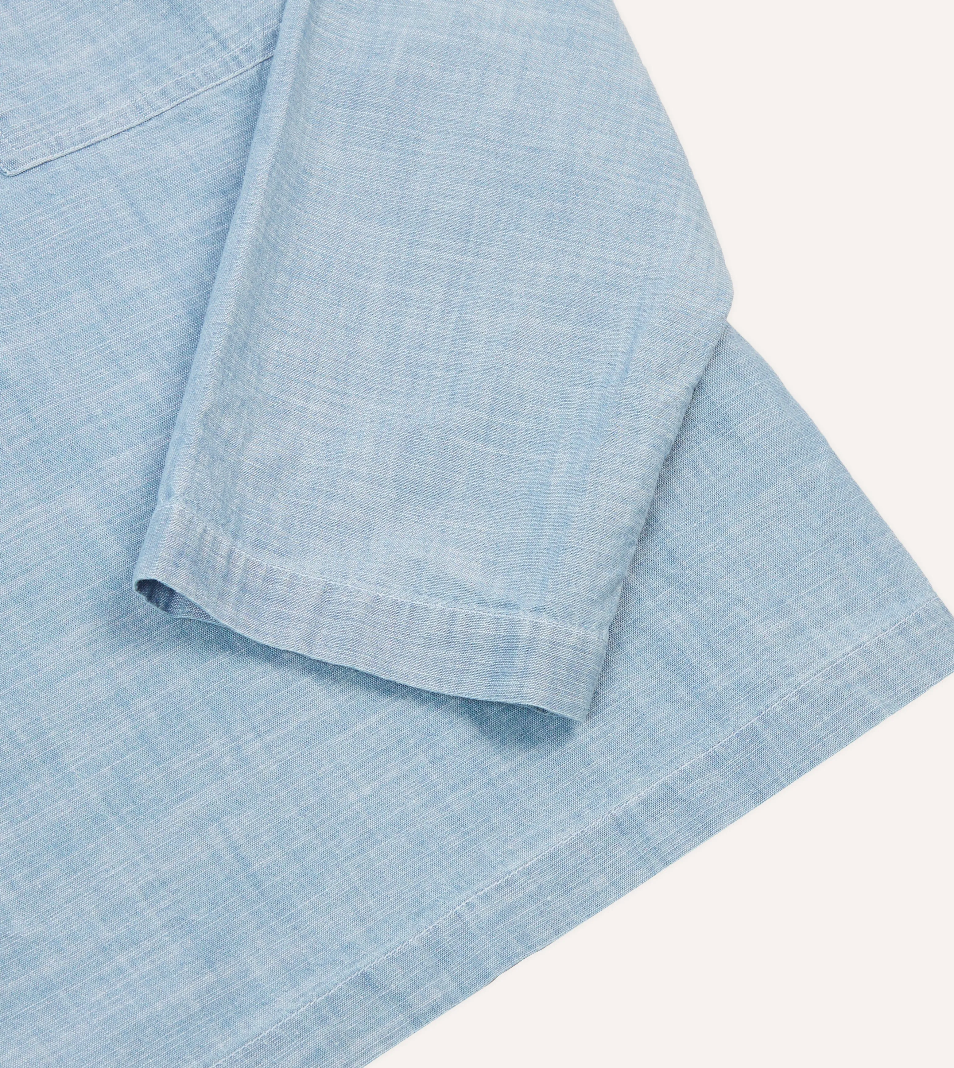 Blue Cotton Chambray Spread Collar Popover Shirt