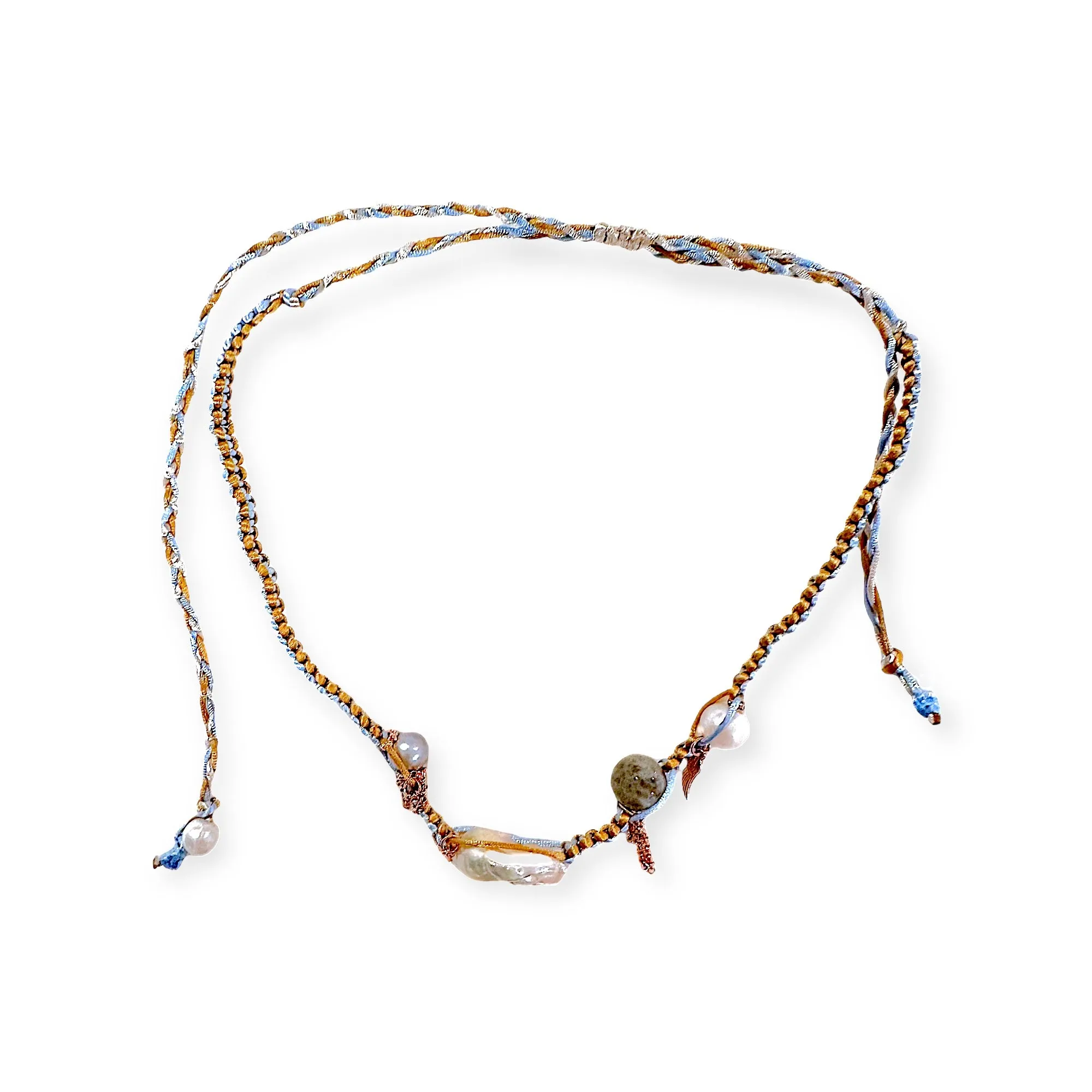 BLUE SKY ANGEL BAROQUE PEARL ROSE GOLD SILK ROCKER NECKLACE
