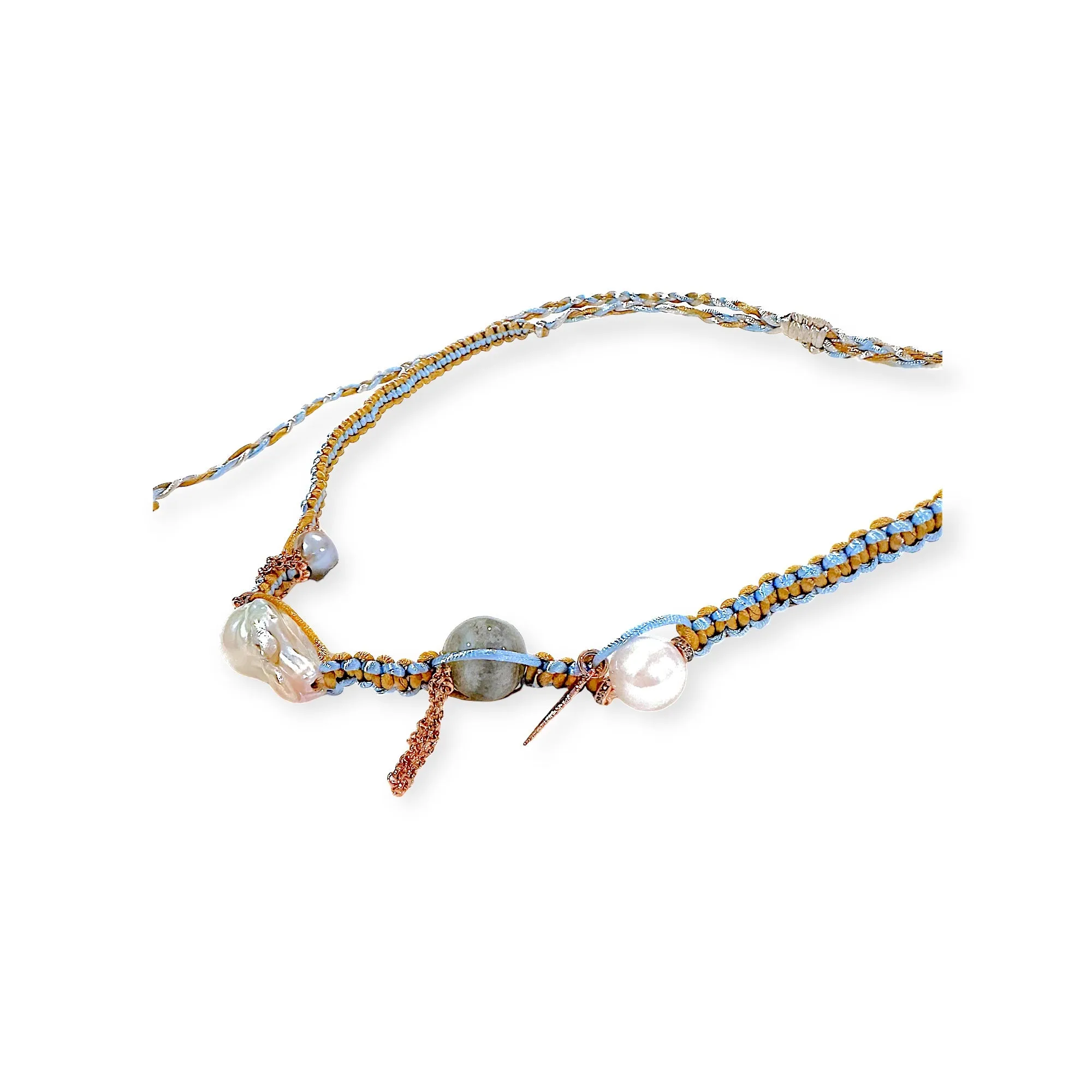 BLUE SKY ANGEL BAROQUE PEARL ROSE GOLD SILK ROCKER NECKLACE