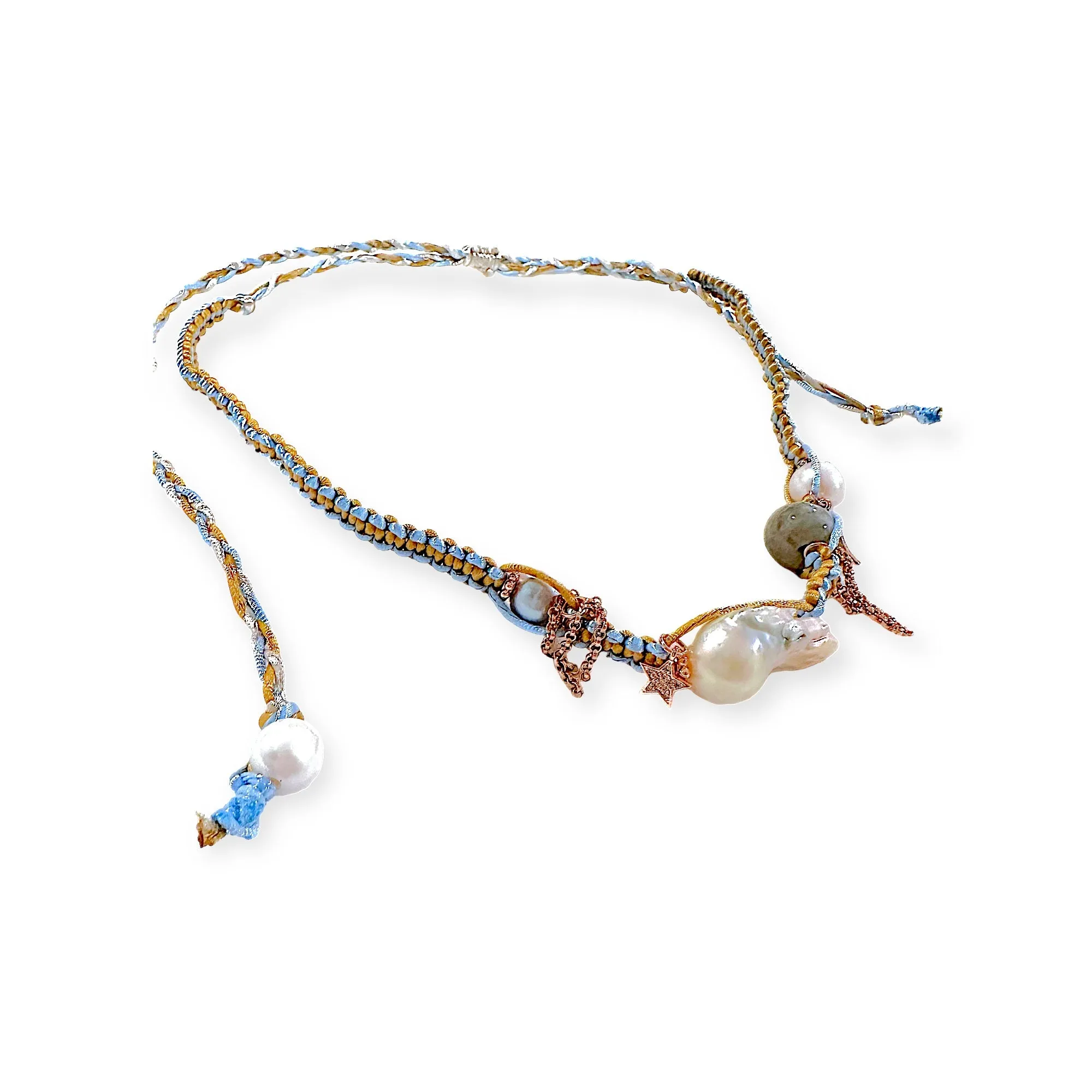 BLUE SKY ANGEL BAROQUE PEARL ROSE GOLD SILK ROCKER NECKLACE