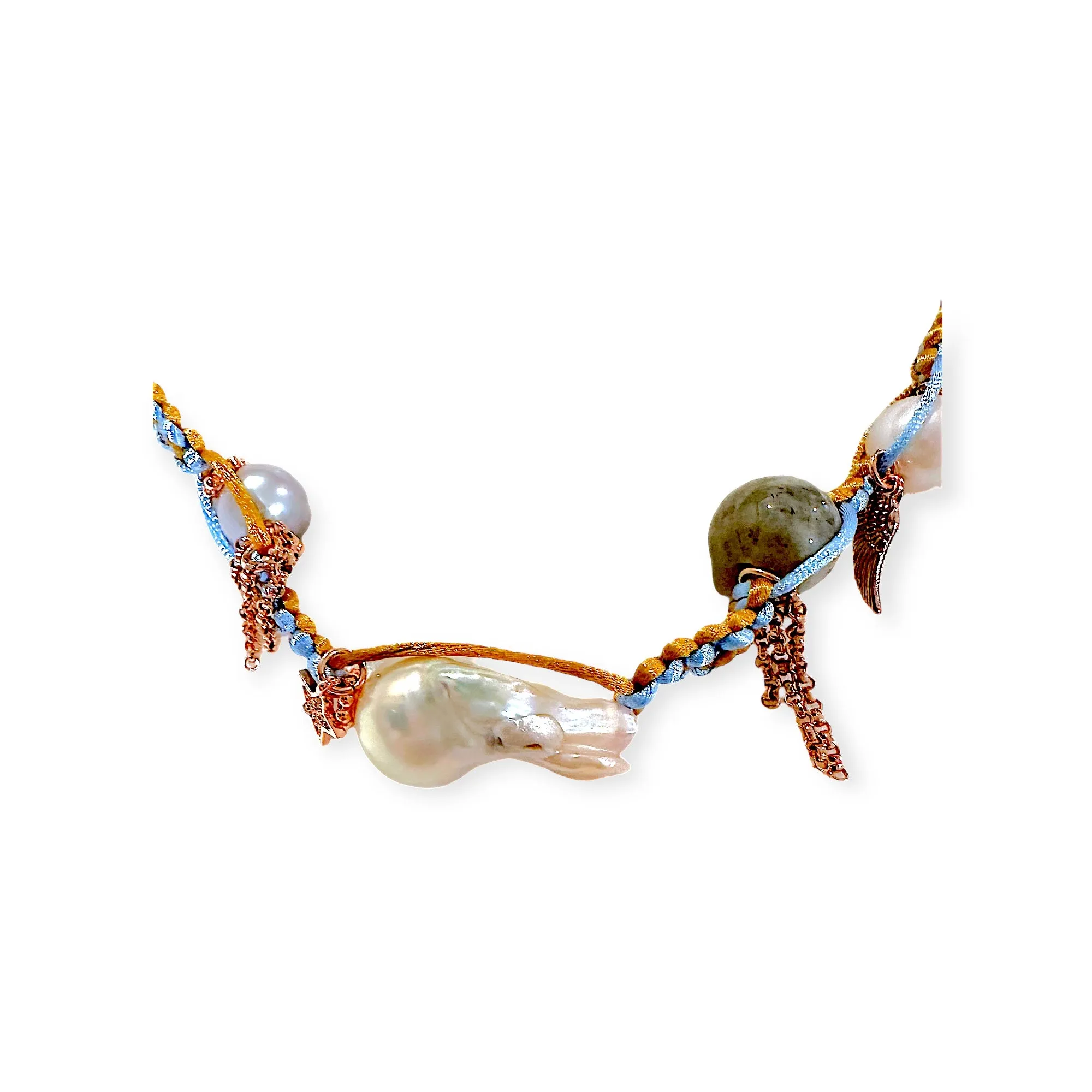 BLUE SKY ANGEL BAROQUE PEARL ROSE GOLD SILK ROCKER NECKLACE