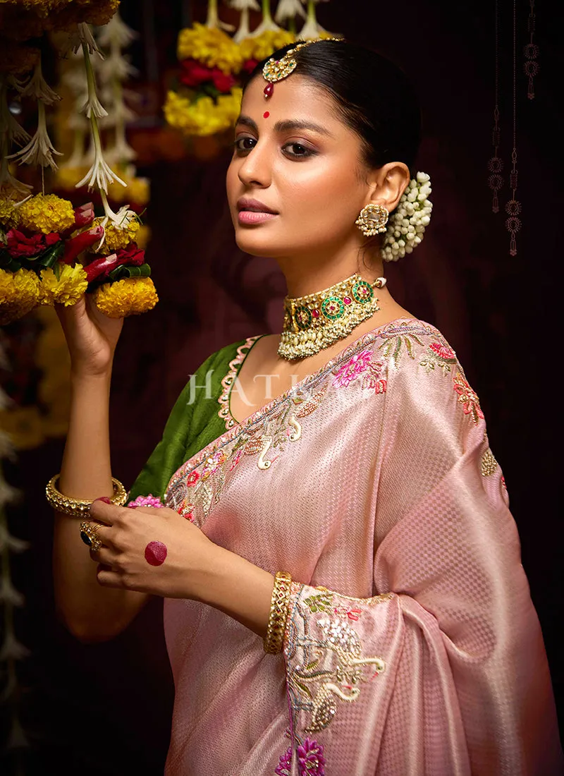 Blush Pink Multi Embroidery Kanjivaram Silk Saree