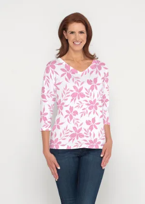 Botanical Pink (8025) ~ Signature 3/4 Sleeve V-Neck Top