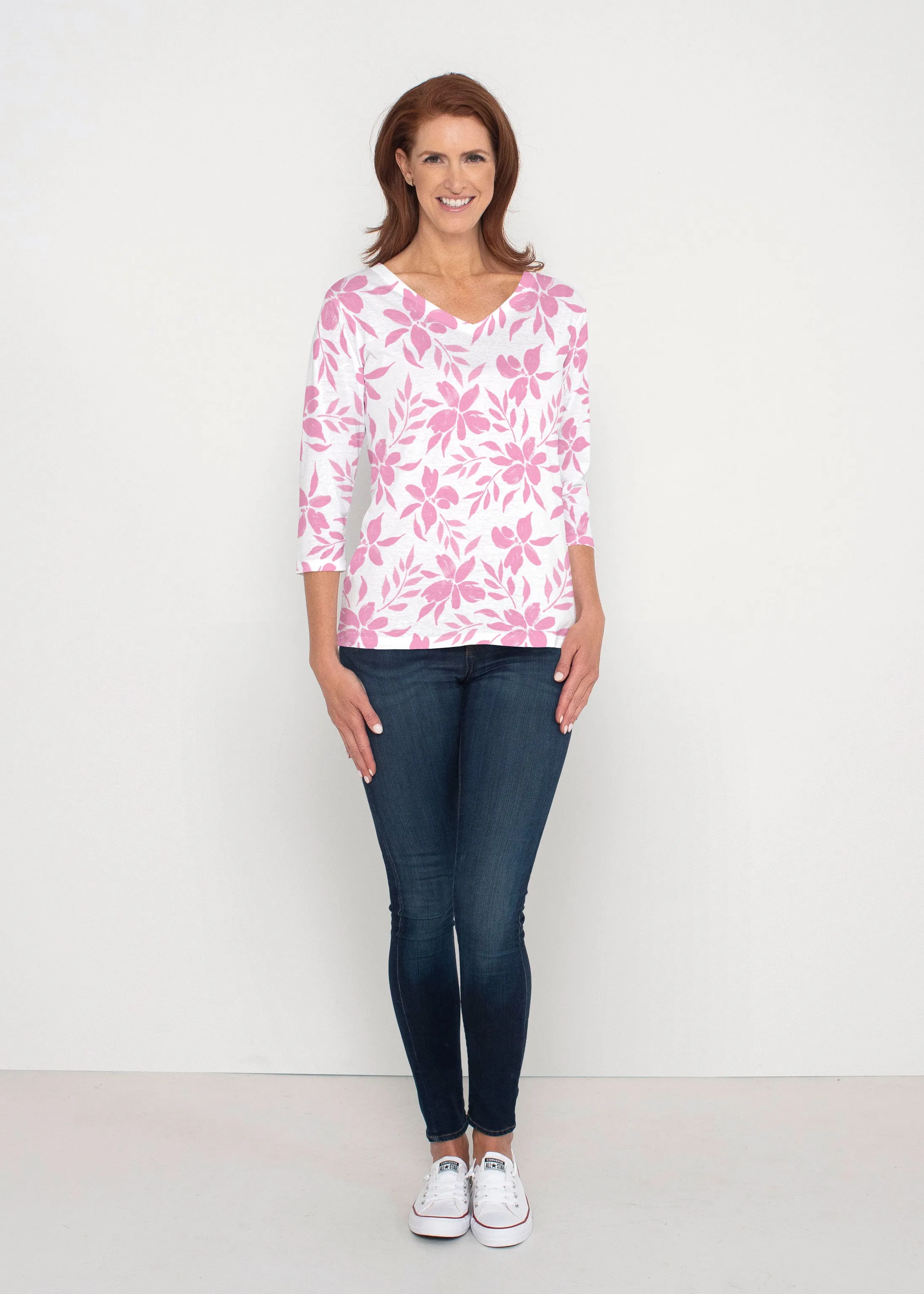 Botanical Pink (8025) ~ Signature 3/4 Sleeve V-Neck Top
