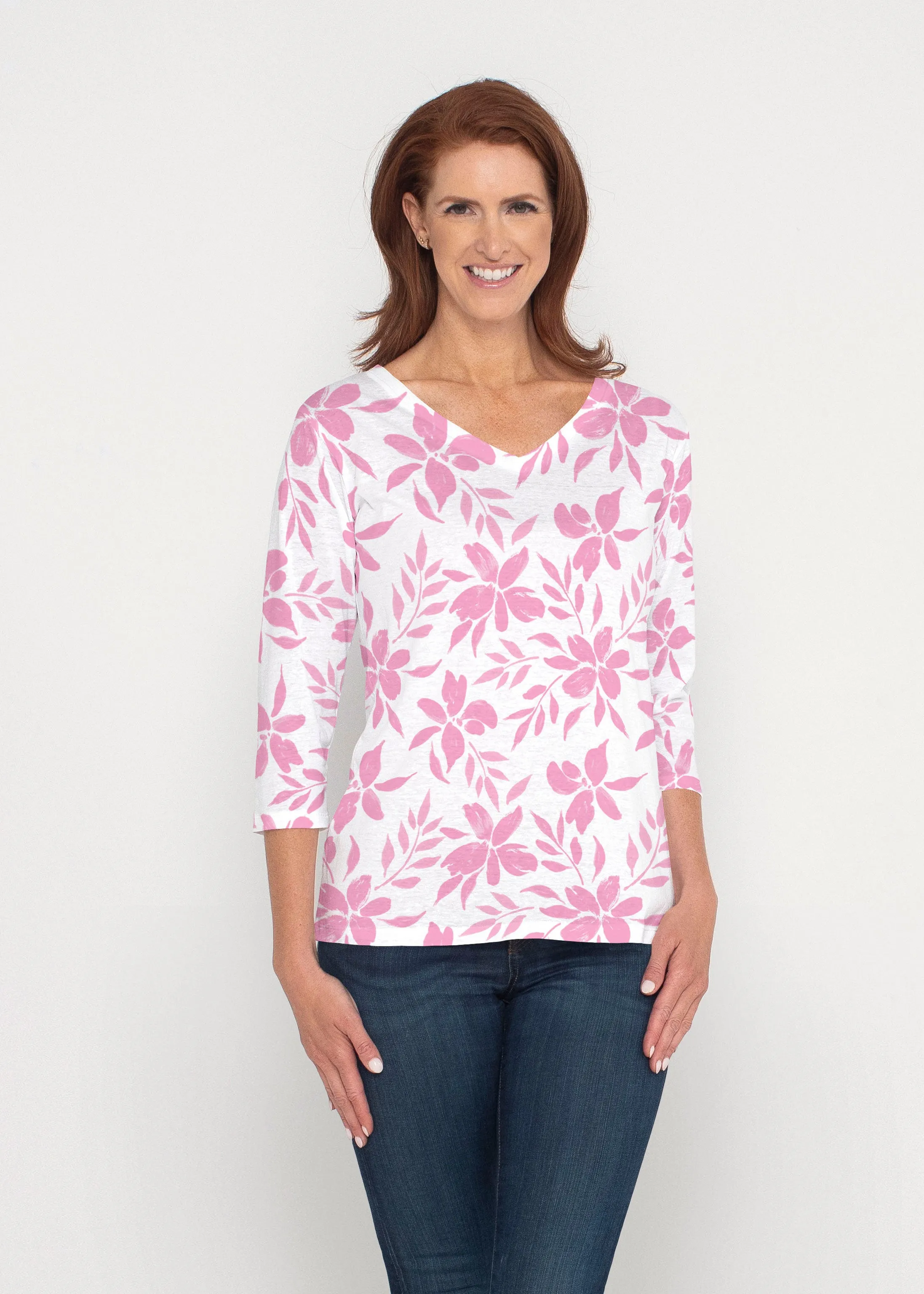 Botanical Pink (8025) ~ Signature 3/4 Sleeve V-Neck Top