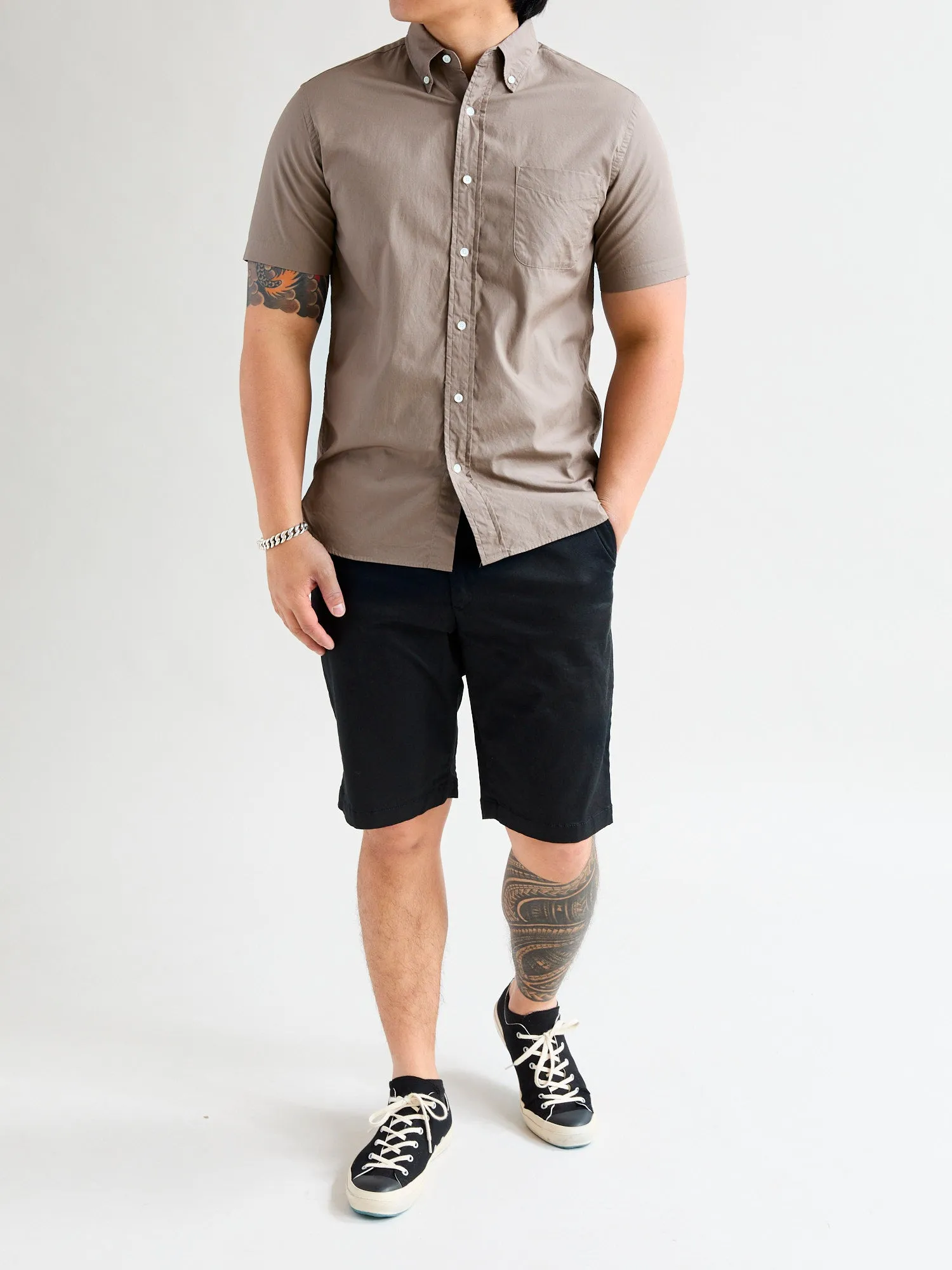 Broad Cloth Short Sleeve Button-Down Shirt in Beige