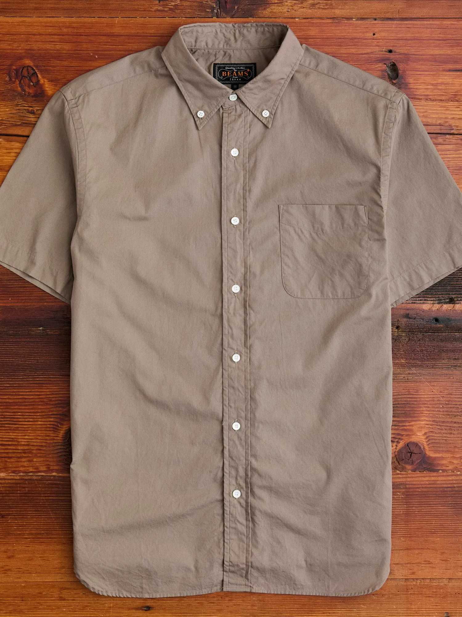 Broad Cloth Short Sleeve Button-Down Shirt in Beige