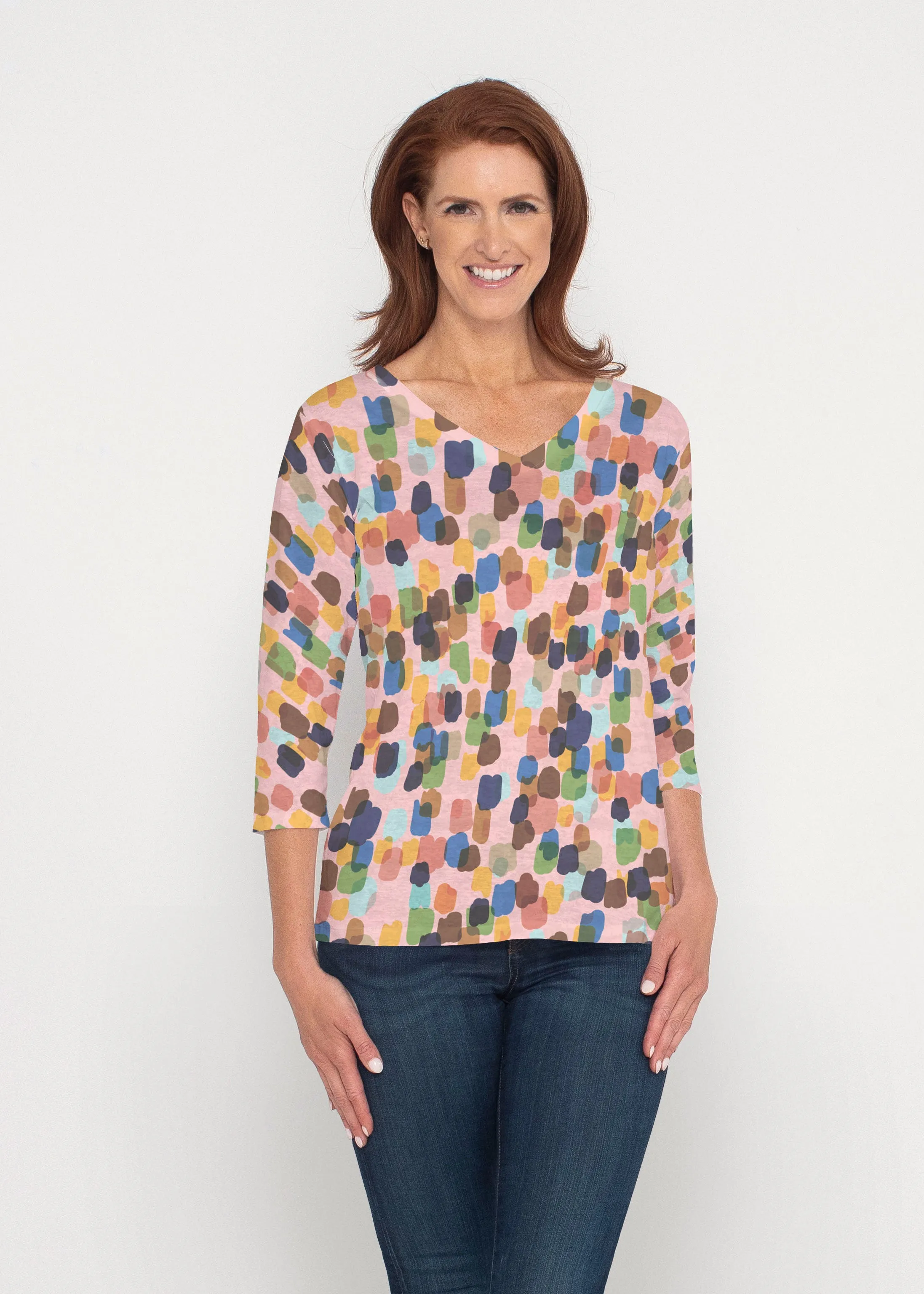 Brushstroke Multi (14293) ~ Signature 3/4 Sleeve V-Neck Top