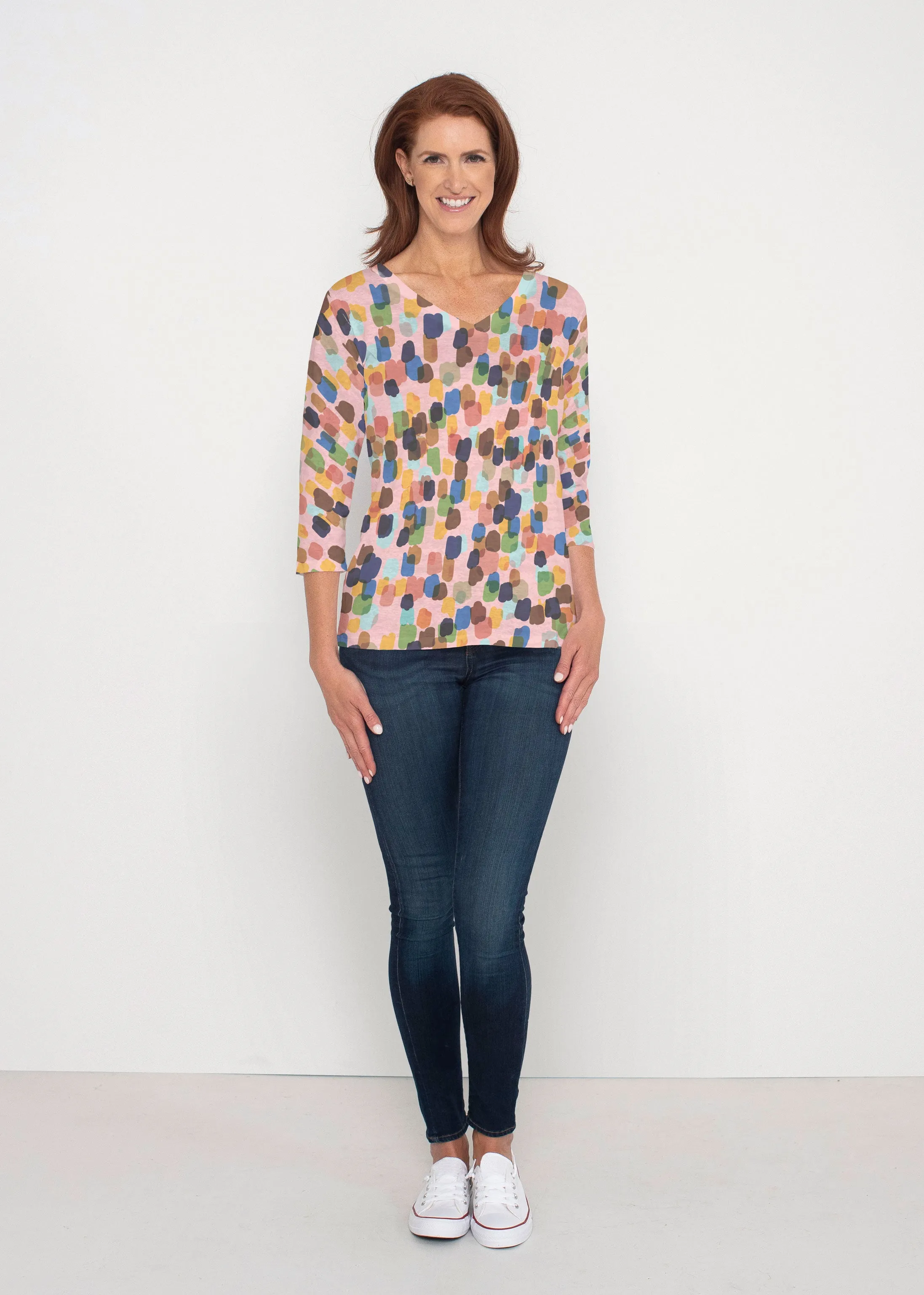 Brushstroke Multi (14293) ~ Signature 3/4 Sleeve V-Neck Top