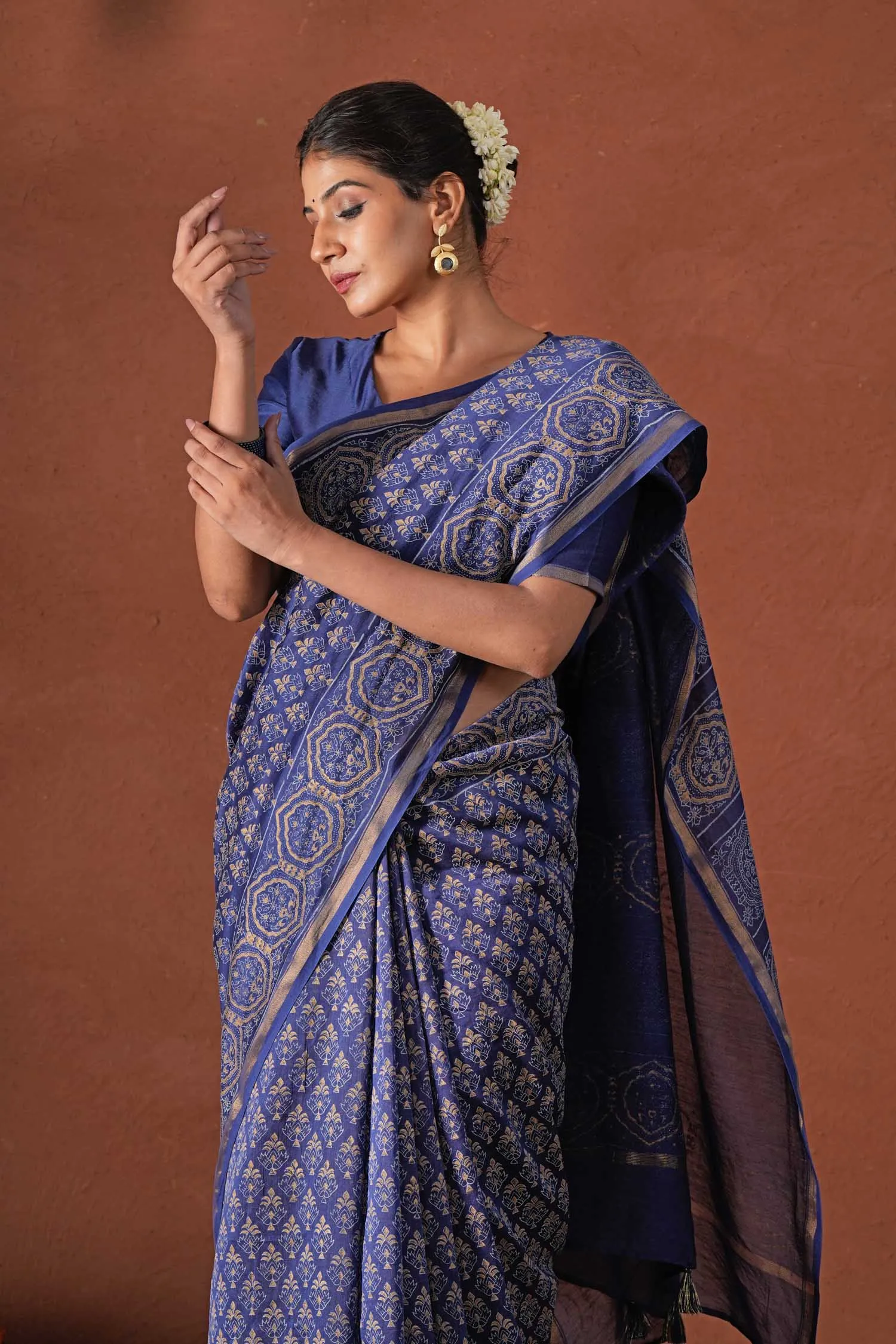 Celestial Blue-Hand Block Printed Chanderi Silk Saree