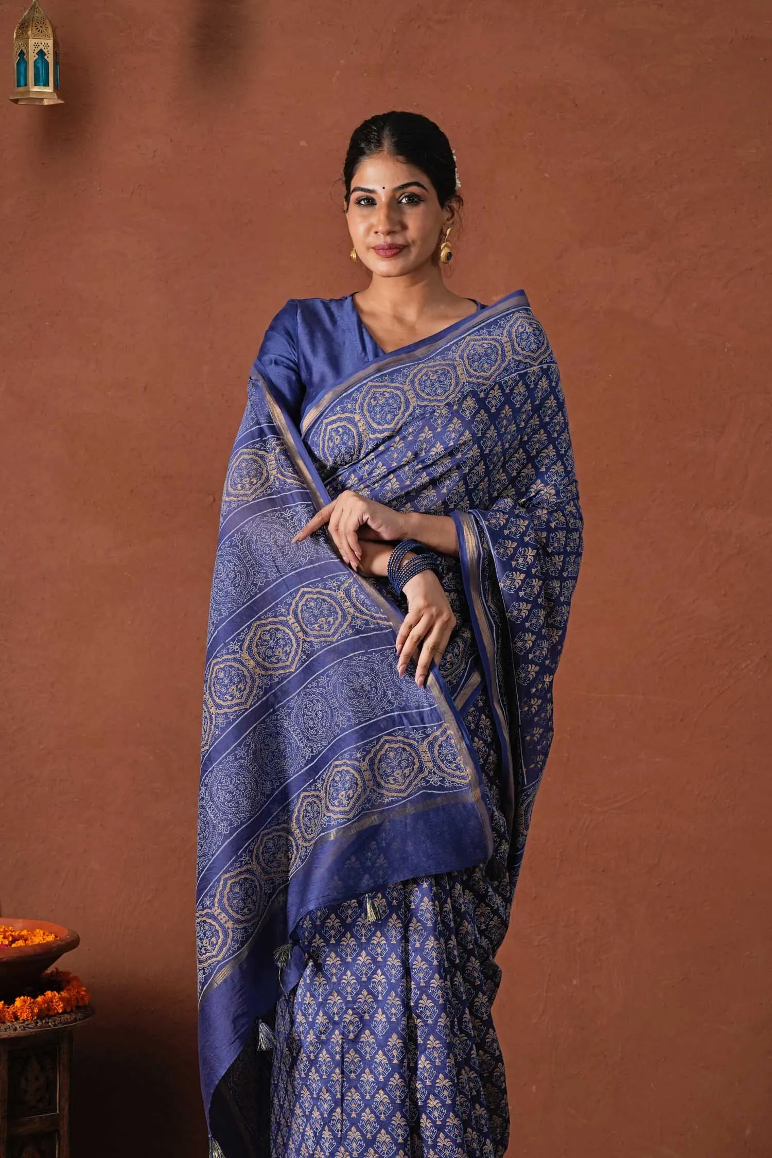Celestial Blue-Hand Block Printed Chanderi Silk Saree