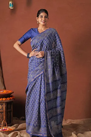 Celestial Blue-Hand Block Printed Chanderi Silk Saree