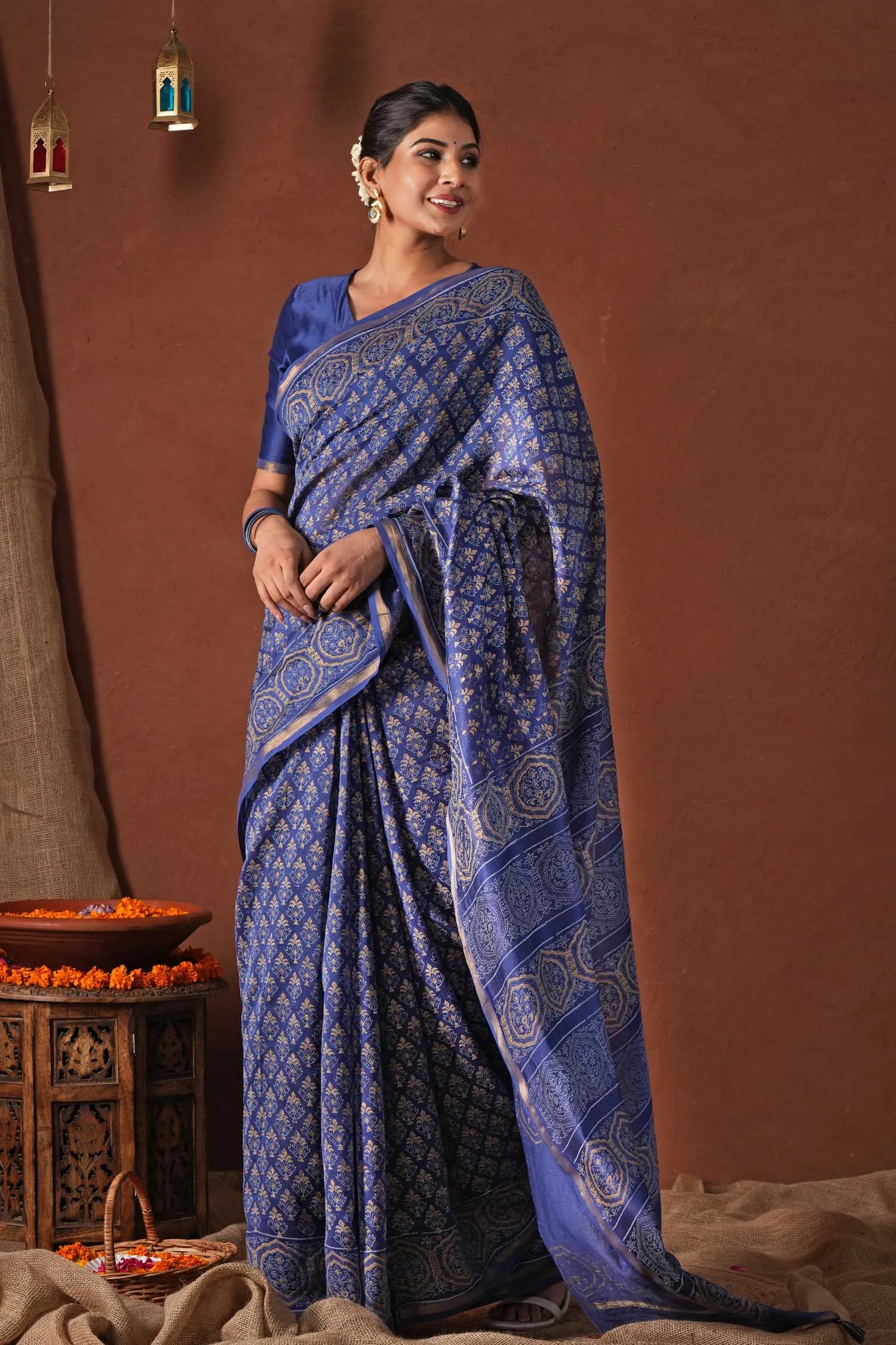 Celestial Blue-Hand Block Printed Chanderi Silk Saree
