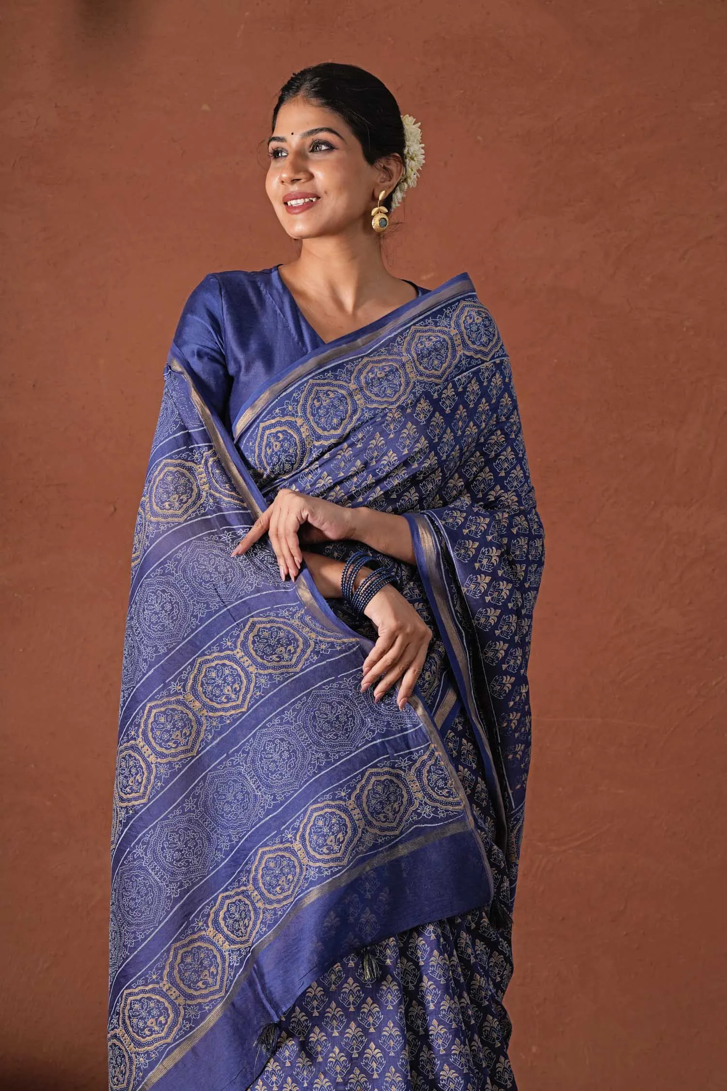 Celestial Blue-Hand Block Printed Chanderi Silk Saree