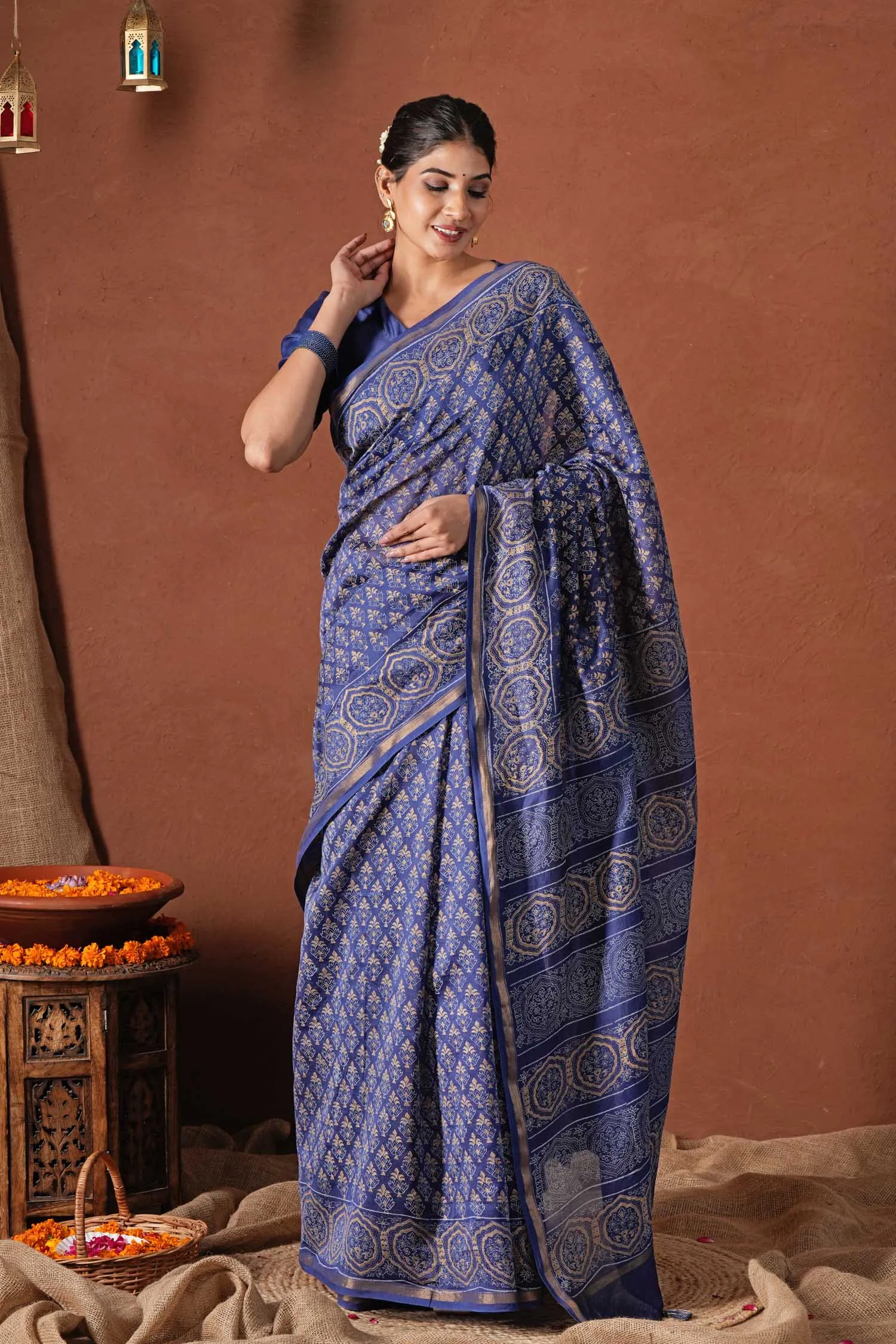 Celestial Blue-Hand Block Printed Chanderi Silk Saree