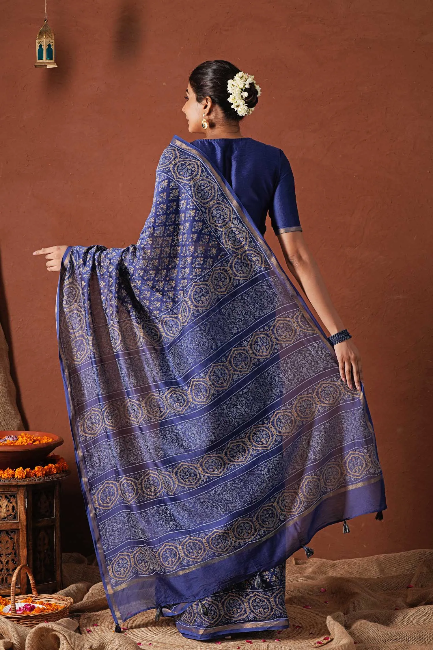 Celestial Blue-Hand Block Printed Chanderi Silk Saree