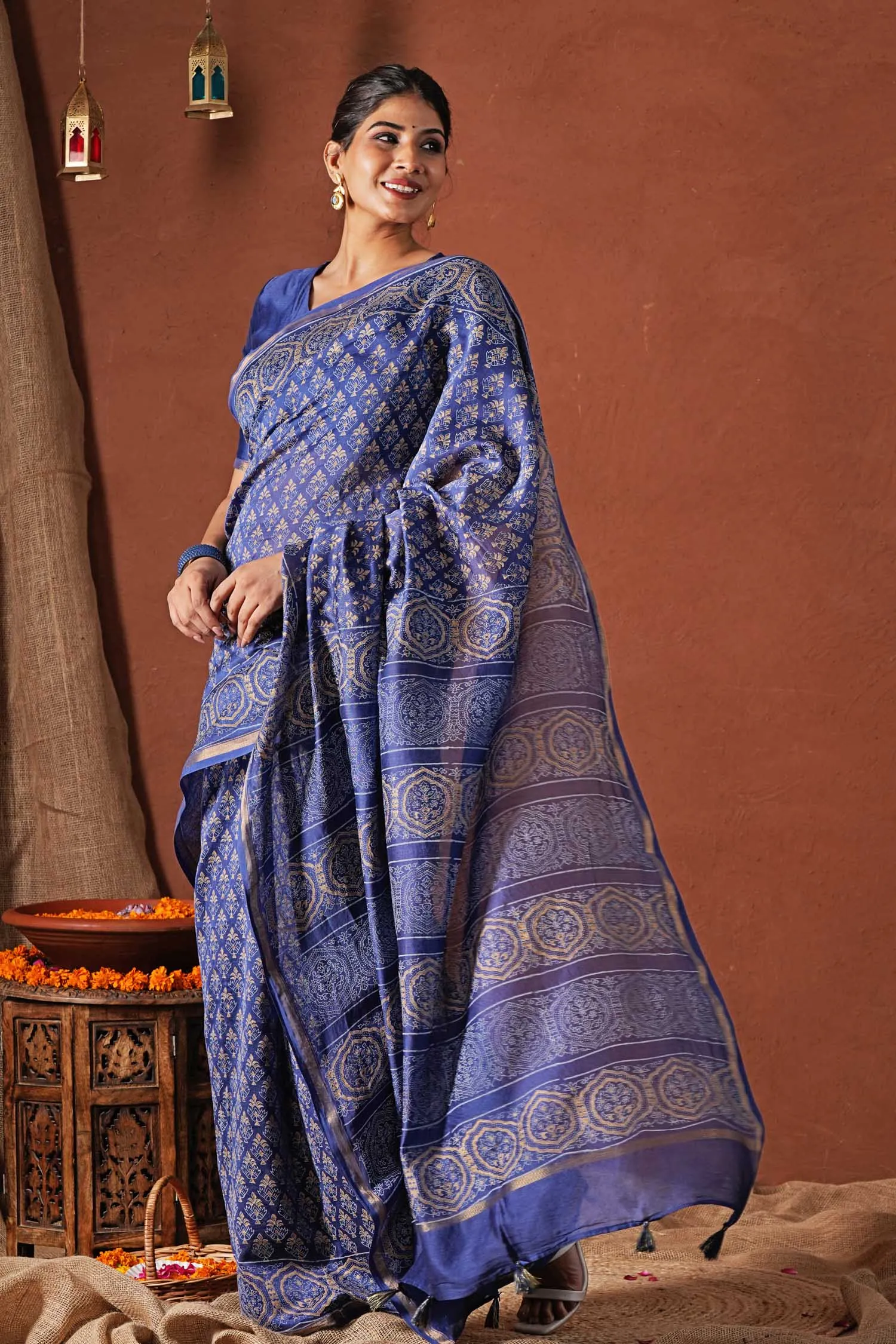 Celestial Blue-Hand Block Printed Chanderi Silk Saree