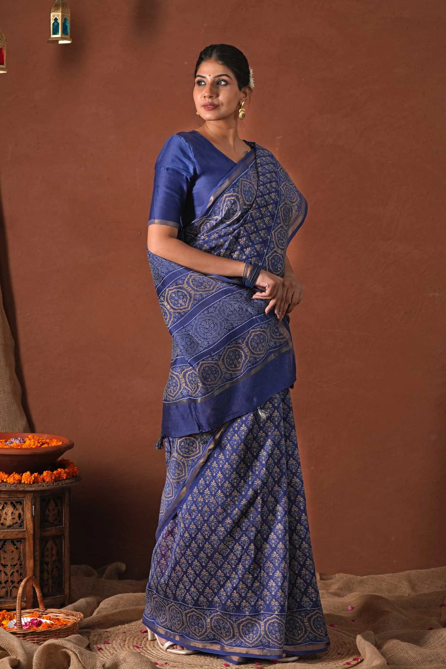 Celestial Blue-Hand Block Printed Chanderi Silk Saree