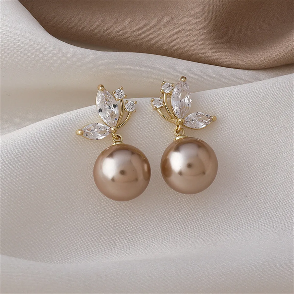 Champagne Pearl & Cubic Zirconia Butterfly Drop Earrings