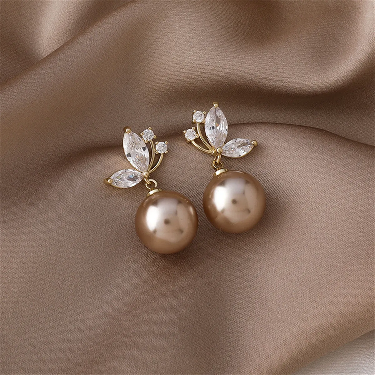 Champagne Pearl & Cubic Zirconia Butterfly Drop Earrings