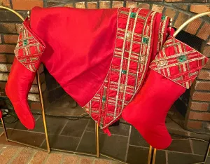 Classic Red Tartan Plaid  Luxe Christmas Tree Skirt 54" With Set Of 4 Stocking 20" L X 7" W