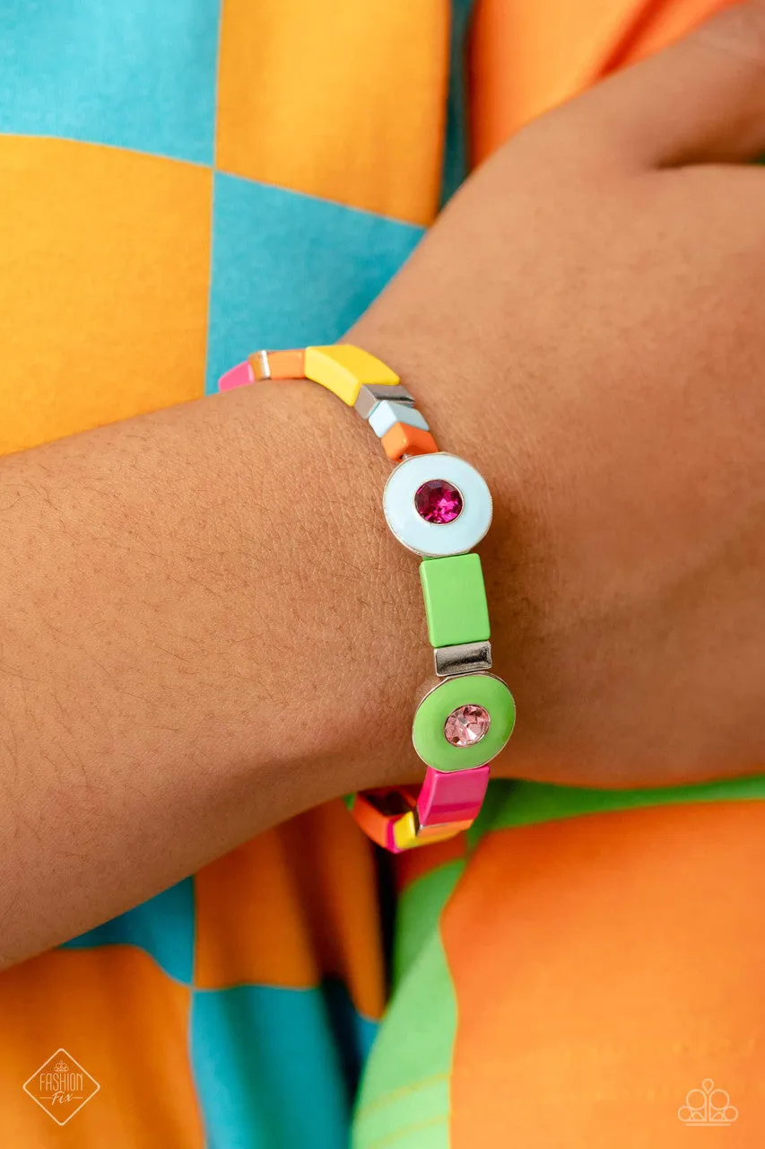 Colorblock Cameo - Multi - Rhinestone Center Colorful Bead Paparazzi Stretchy Bracelet - May 2023 Sunset Sightings