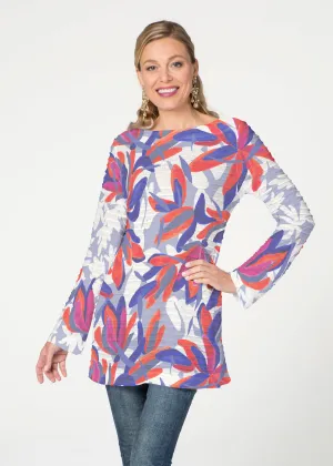 Colorful Palm Blue (7901) ~ Banded Boatneck Tunic