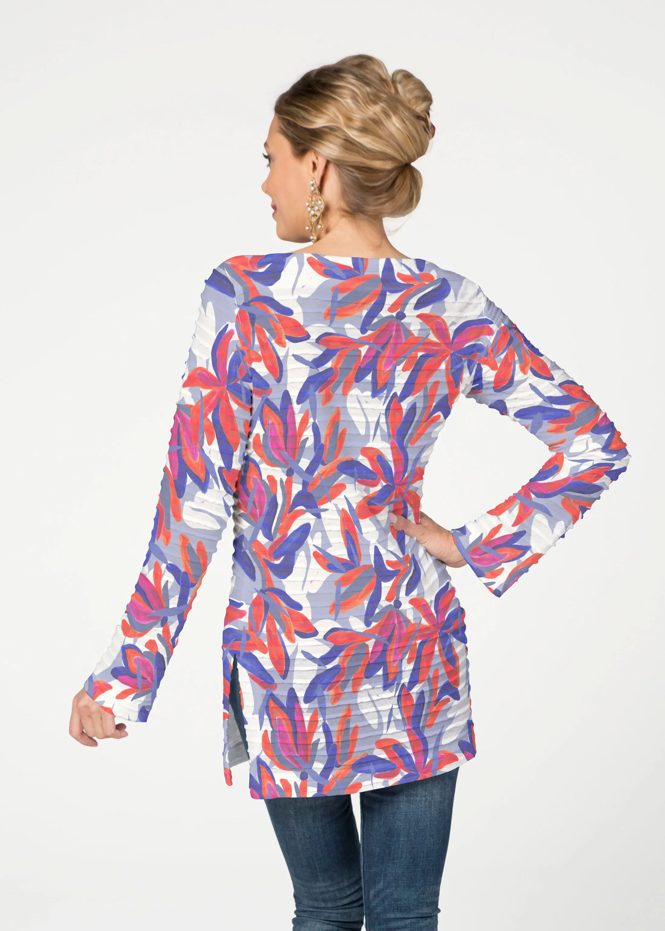 Colorful Palm Blue (7901) ~ Banded Boatneck Tunic