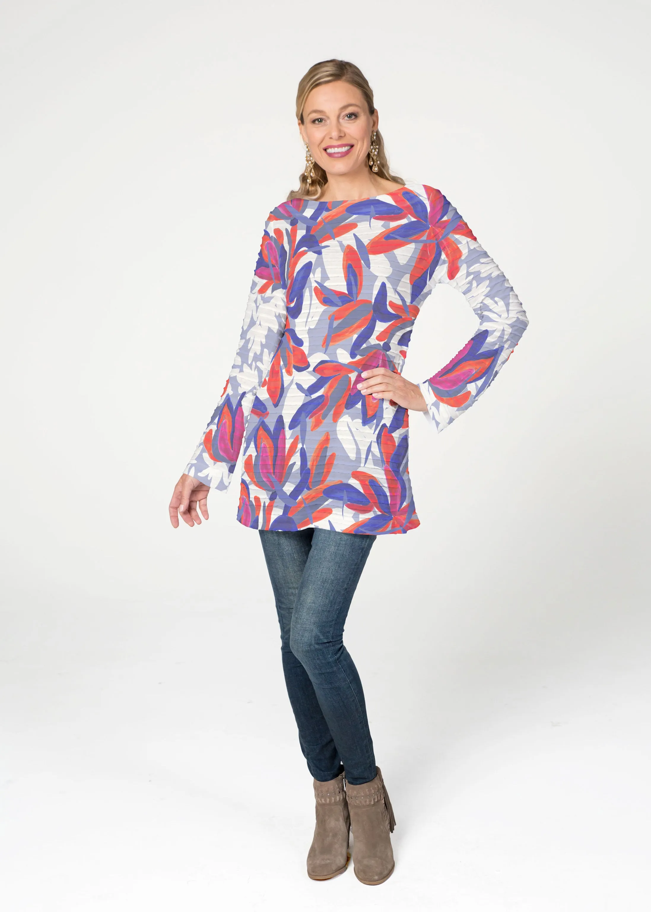 Colorful Palm Blue (7901) ~ Banded Boatneck Tunic