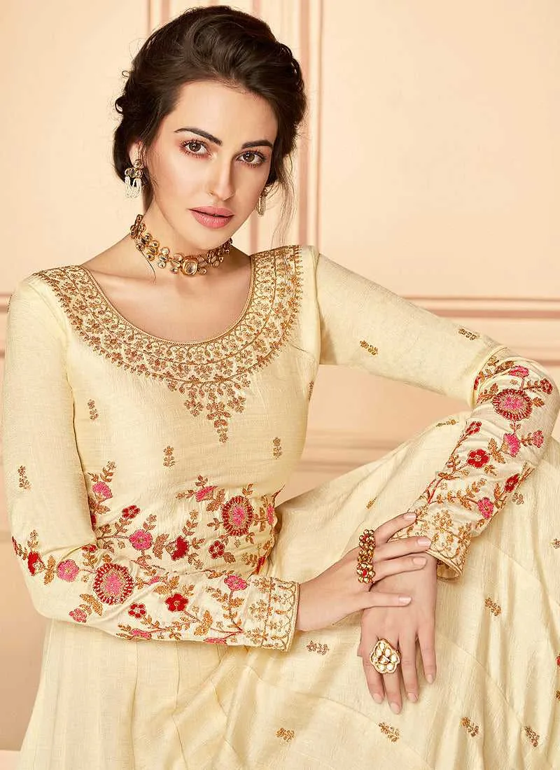Cream Floral Heavy Embroidered Kalidar Anarkali Suit