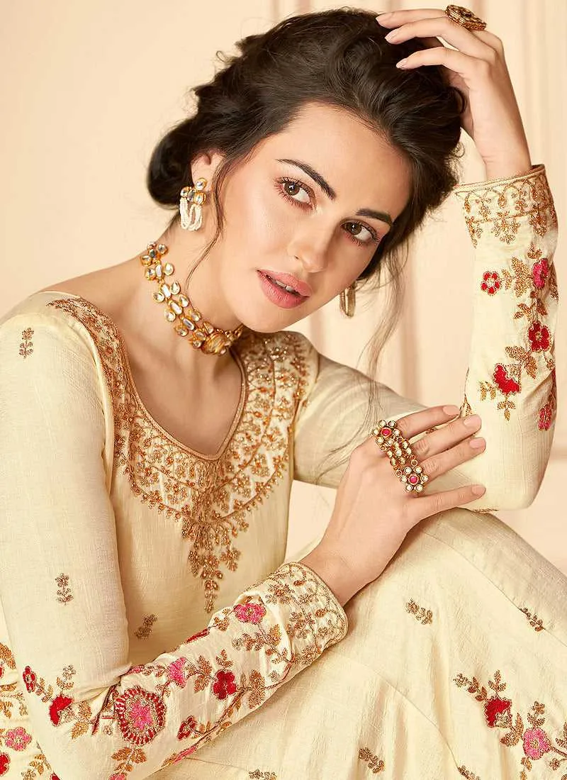 Cream Floral Heavy Embroidered Kalidar Anarkali Suit