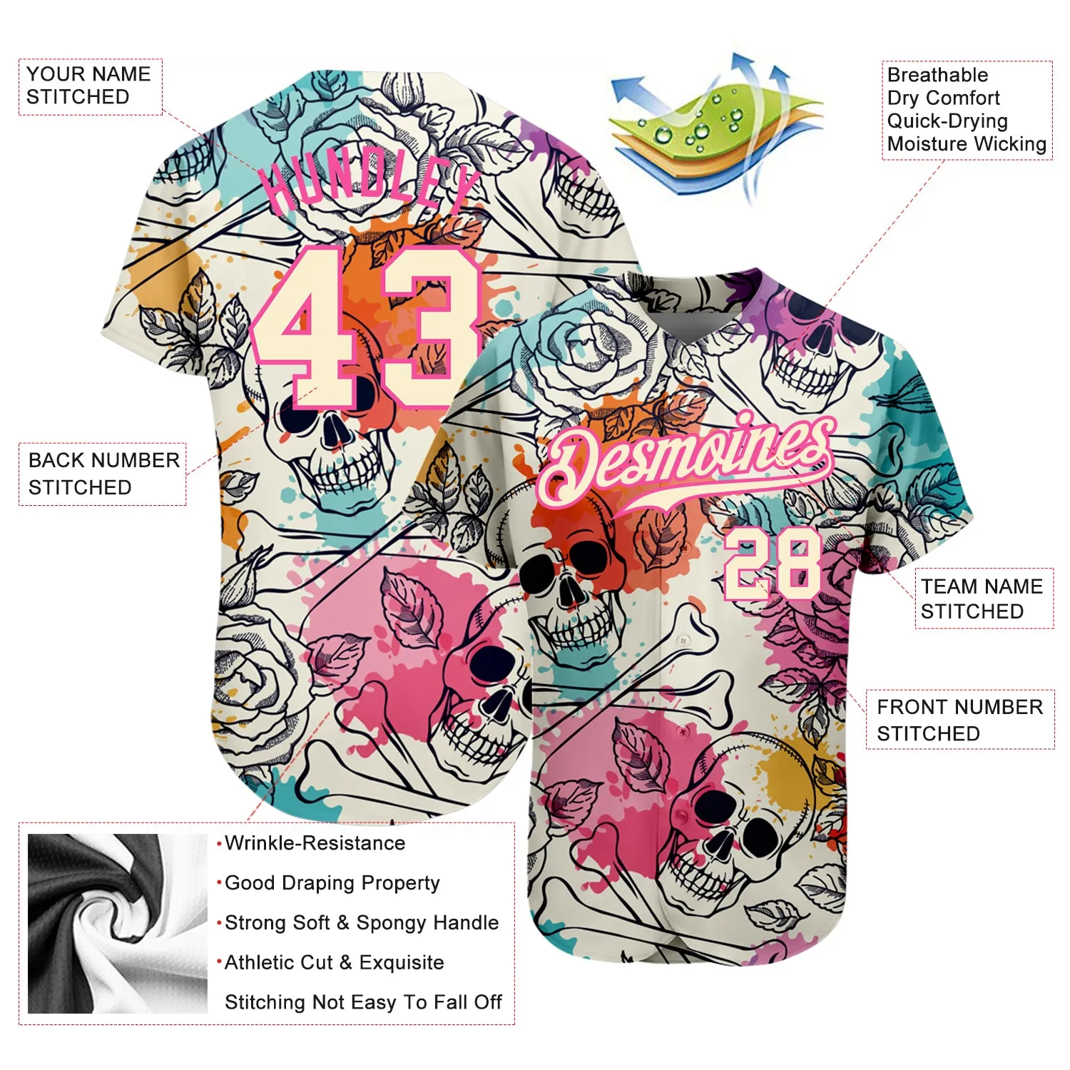 Custom Cream Pink-Black 3D Flower And Skull Fashion Authentic Baseball Jersey