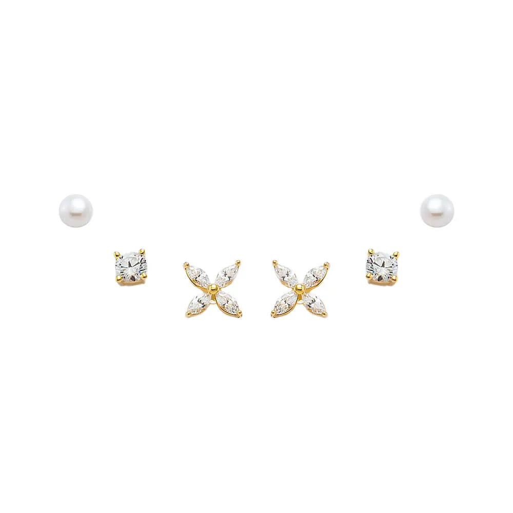 CZ Flower & Pearl Stud Earring Combo Set