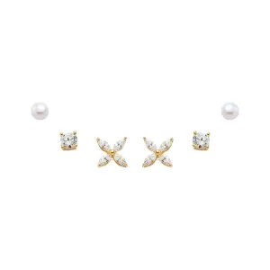 CZ Flower & Pearl Stud Earring Combo Set