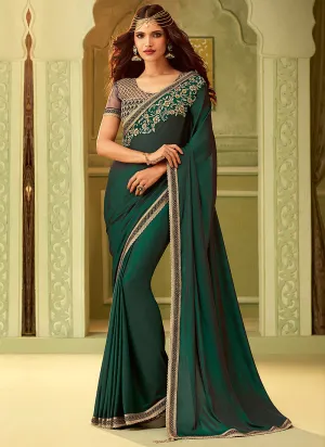 Dark Green And Black Contrast Minimalist Embroidered Saree