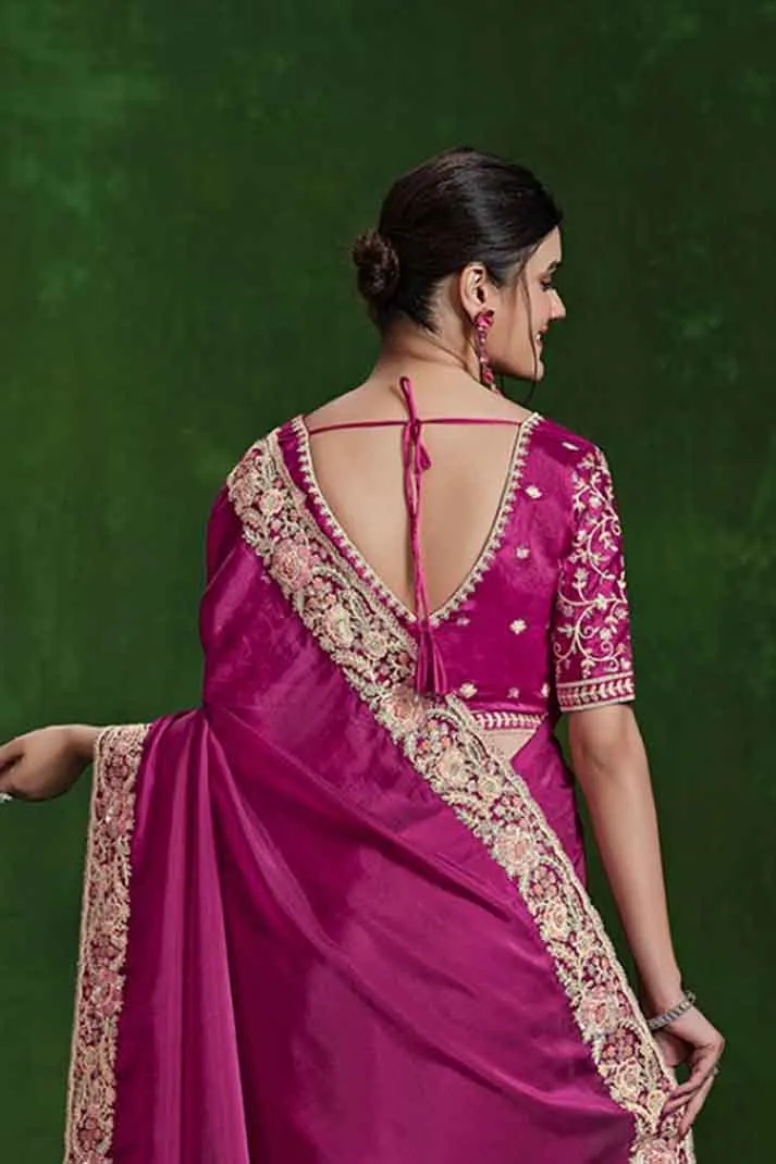 Dark Pink Habotai Silk Handwork Sequins Designer Saree