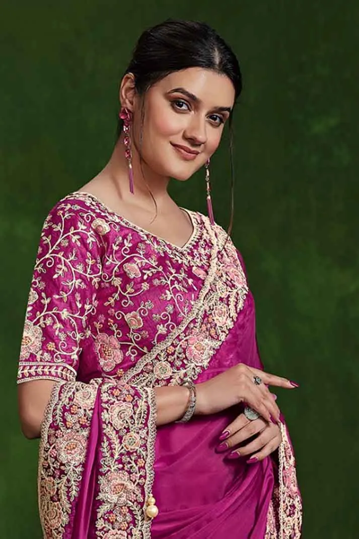 Dark Pink Habotai Silk Handwork Sequins Designer Saree