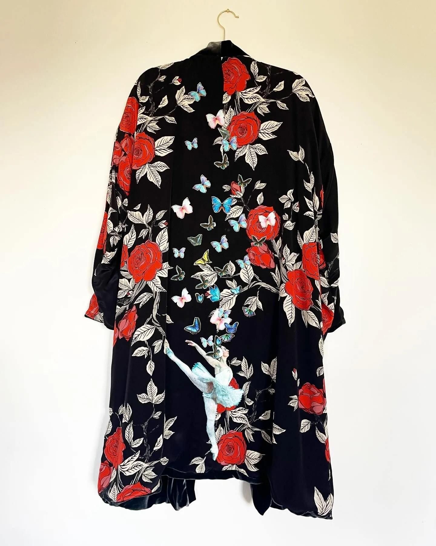 Deep Grey Silk Velvet Caftan with Swan Lake and Butterfly  Artwork