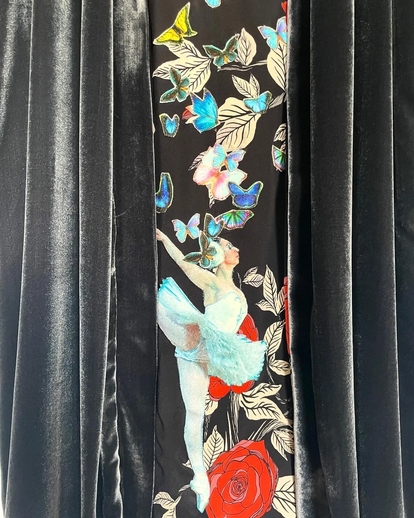 Deep Grey Silk Velvet Caftan with Swan Lake and Butterfly  Artwork