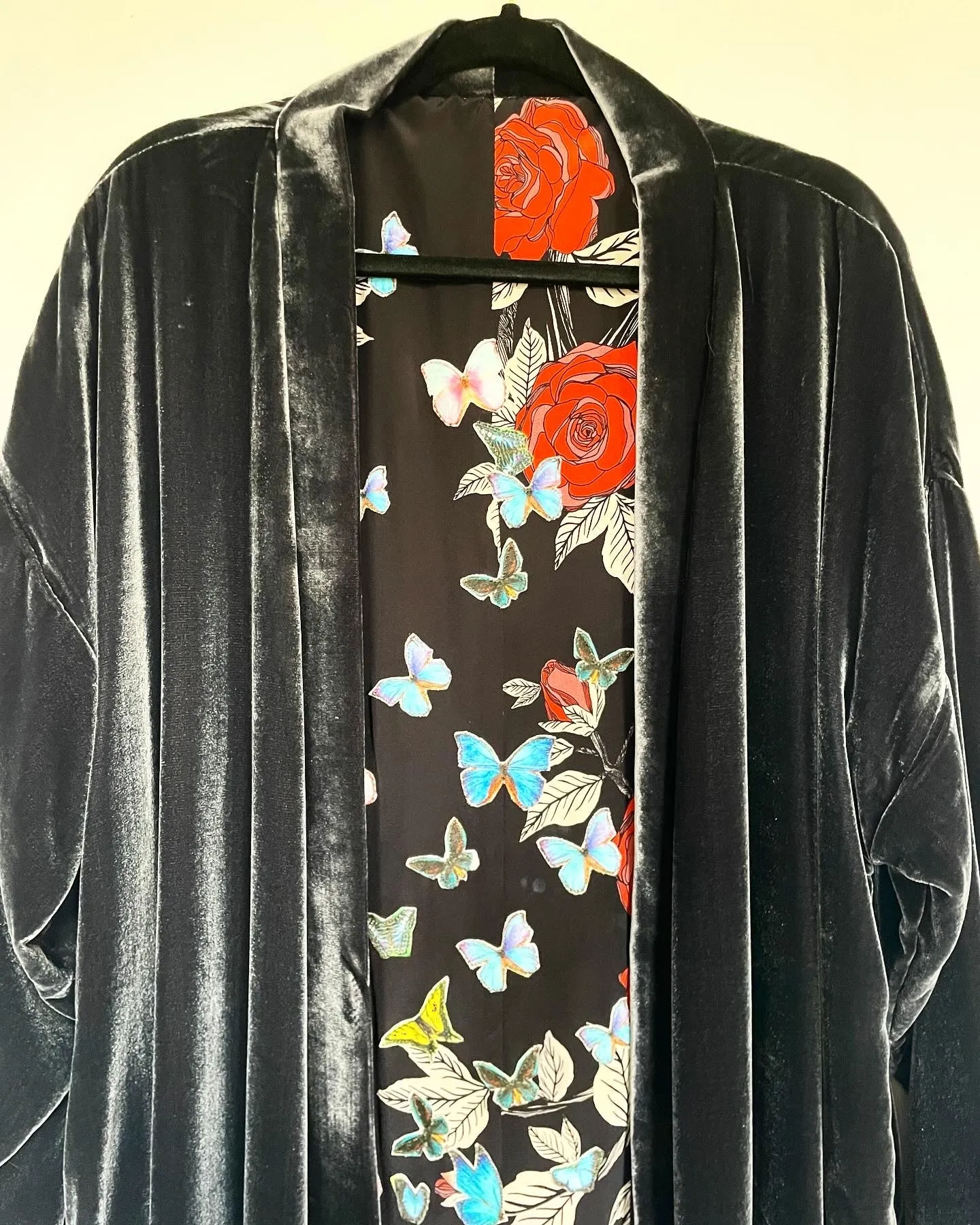 Deep Grey Silk Velvet Caftan with Swan Lake and Butterfly  Artwork