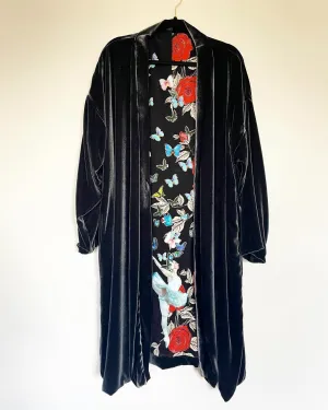 Deep Grey Silk Velvet Caftan with Swan Lake and Butterfly  Artwork