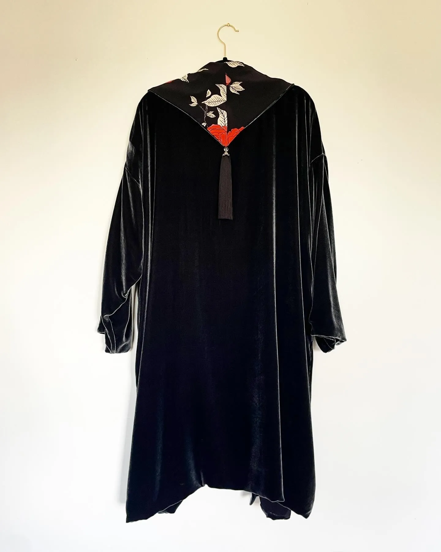 Deep Grey Silk Velvet Caftan with Swan Lake and Butterfly  Artwork