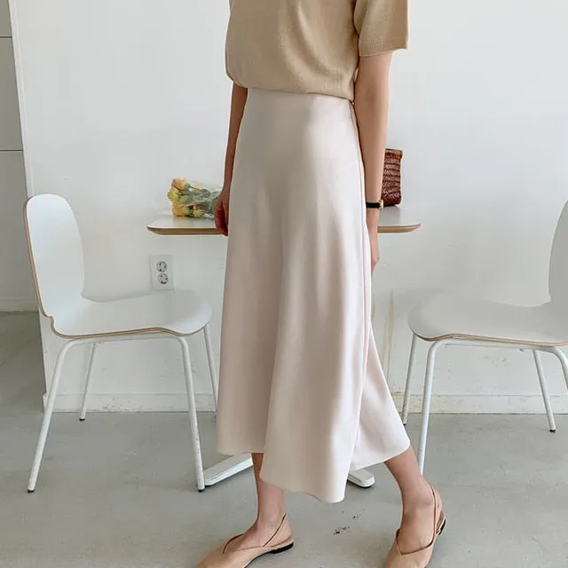 Elegant High Waist Satin Skirt Women