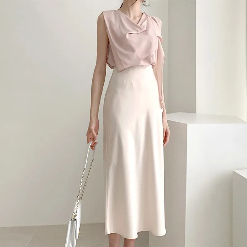 Elegant High Waist Satin Skirt Women