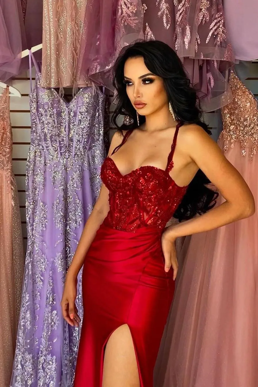 Elegant Long Red Spaghetti Straps Sequins Lace Sleeveless Prom Dress Long Slit