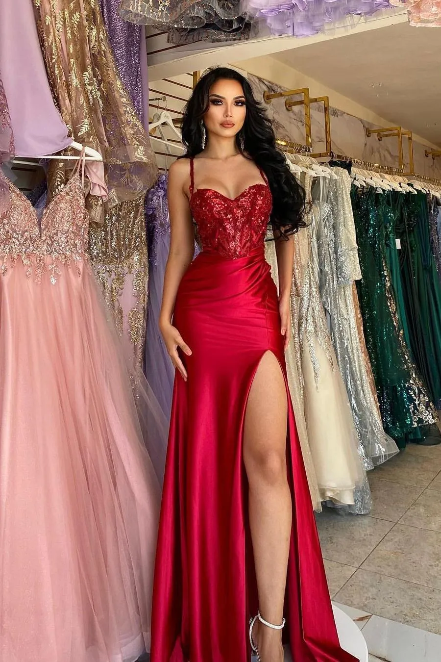 Elegant Long Red Spaghetti Straps Sequins Lace Sleeveless Prom Dress Long Slit