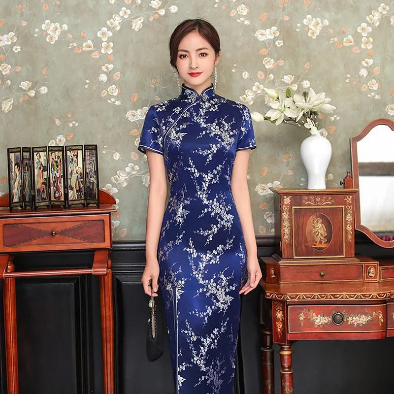 Elegant New Brocade Satin Long Fork Cheongsam Chinese Classic Dress