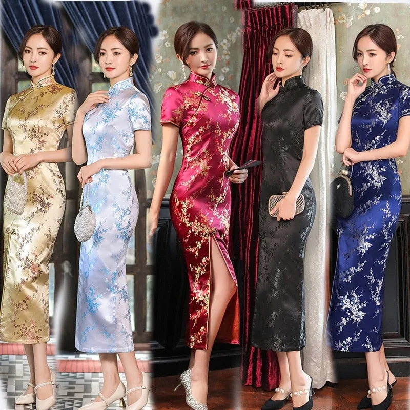 Elegant New Brocade Satin Long Fork Cheongsam Chinese Classic Dress